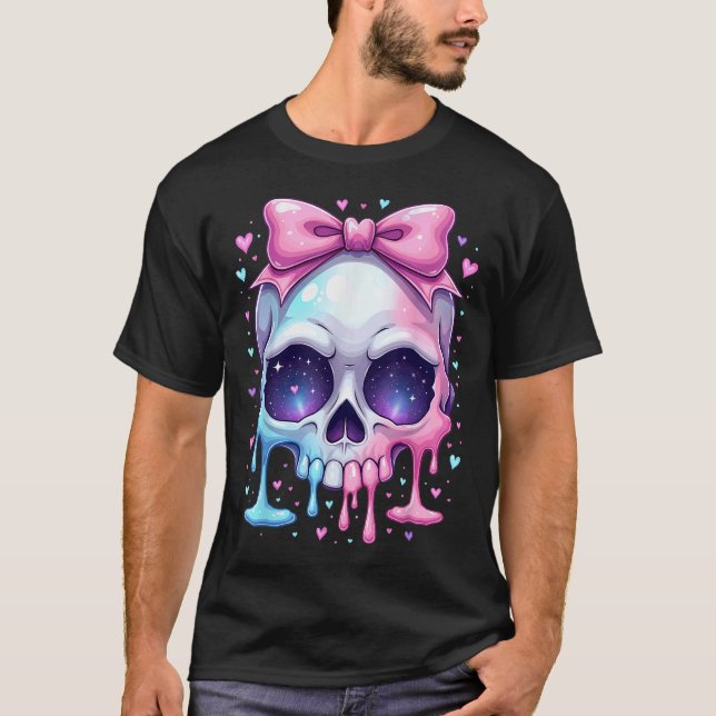 Camiseta Kawaii Pastel Goth Creepy Bowtie Girl Skull Hallow (Frente)