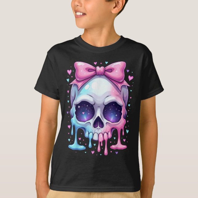 Camiseta Kawaii Pastel Goth Creepy Bowtie Girl Skull Hallow (Frente)