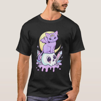 Camiseta Kawaii Pastel Goth Cute Scary Witchy Cat and Skull