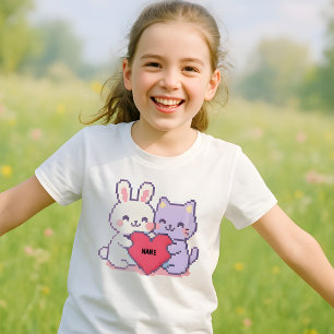 Camiseta Kawaii Pixel Bunny e Cat Heart Shir