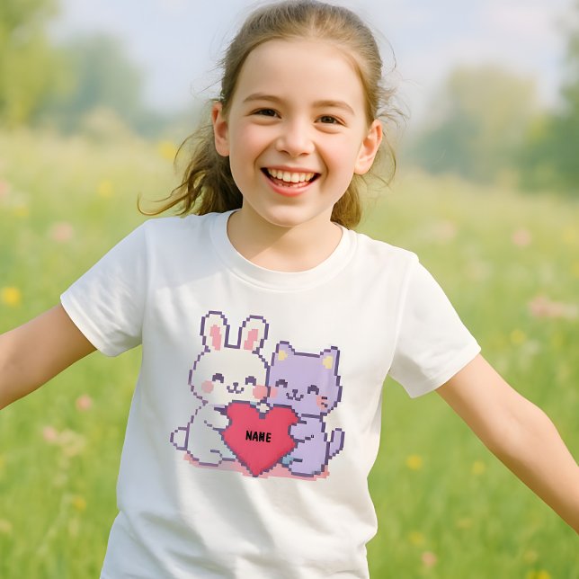 Camiseta Kawaii Pixel Bunny e Cat Heart Shir (Criador carregado)