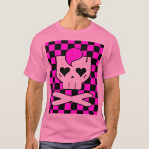 Camiseta Kawaii Psychobilly Rosa Claro Caveira e Xadrez