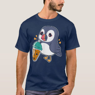Camiseta Kawaii Puffin Bird Bebendo Boba - Bubble Tea