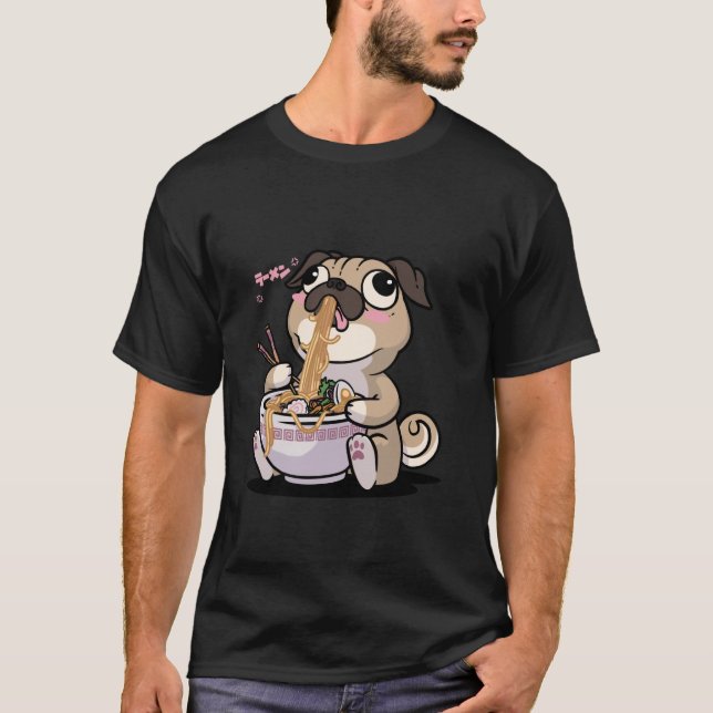 Camiseta Kawaii Pug Ramen Bowl Anime Otaku Japanese Noodles (Frente)