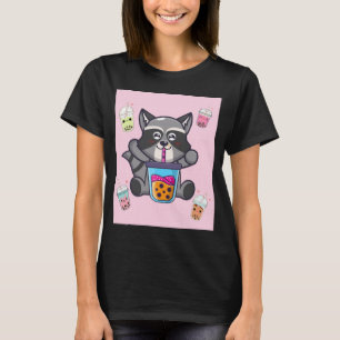 Camiseta Kawaii Raccoon Bubble Boba Milk Tea Japonês Aesth