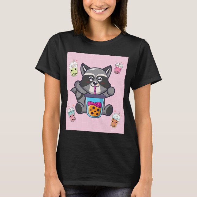 Camiseta Kawaii Raccoon Bubble Boba Milk Tea Japonês Aesth (Frente)