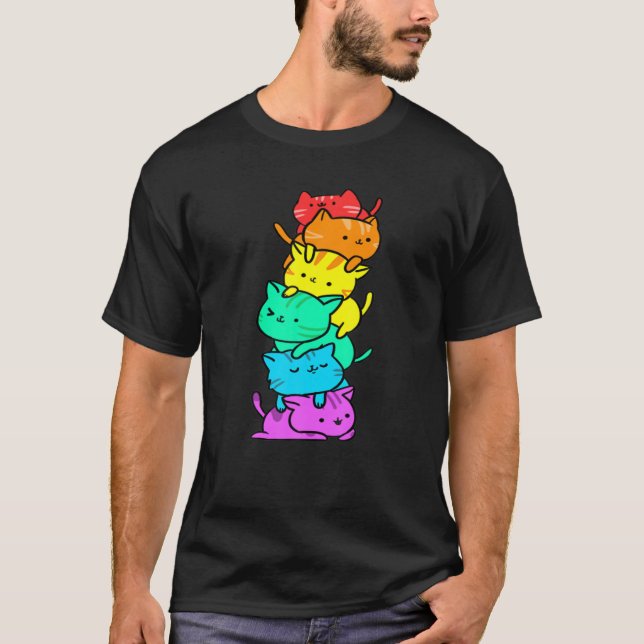 Camiseta Kawaii Rainbow Cat Pile For LGBT Gift For Cat Love (Frente)