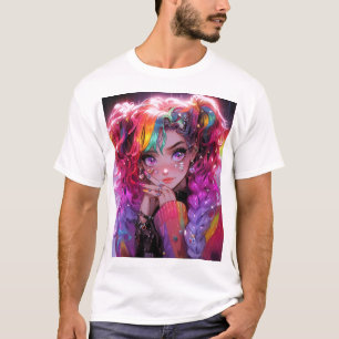 Camiseta Kawaii Rainbow Hair Braids Anime Girl