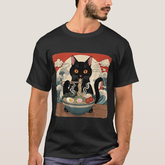 Camiseta Kawaii Ramen Cat Anime Japanese Noodles Food Wave  (Frente)