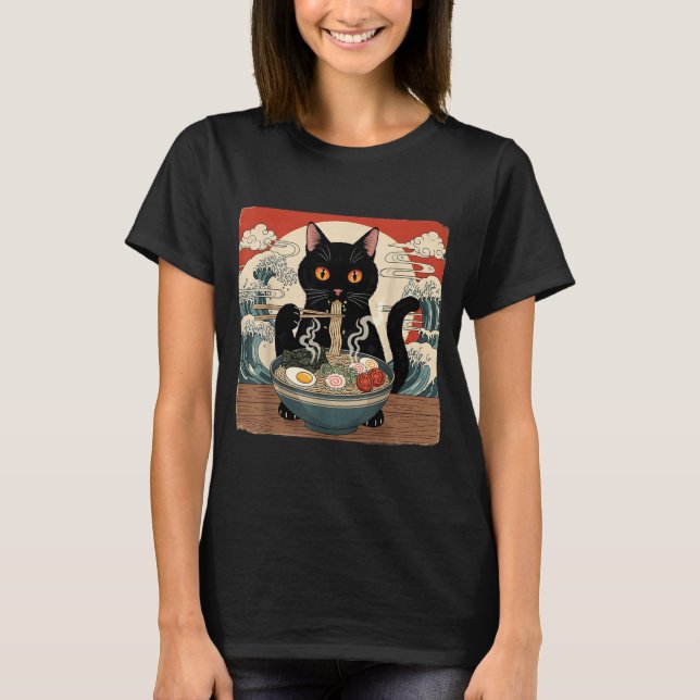Camiseta Kawaii Ramen Cat Anime Japanese Noodles Food Wave  (Frente)