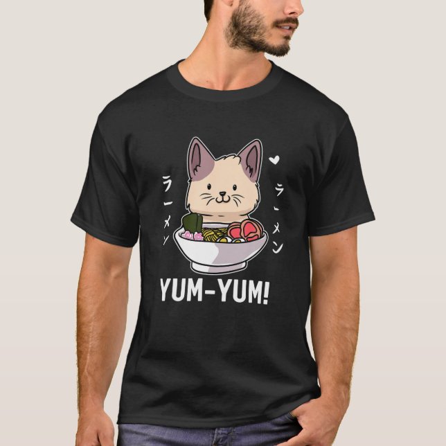 Camiseta Kawaii Ramen Cat Engraçado Comida Japonesa Ramen L (Frente)