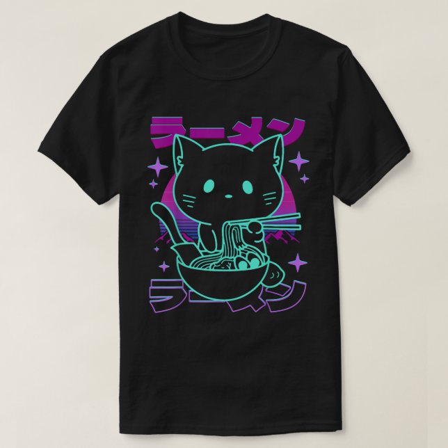 Camiseta Kawaii Ramen Cat Retro Japanese Vaporwave (Frente do Design)
