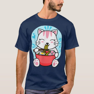 Camiseta Kawaii Ramen Cute Anime White Cat Japonês Instantâ