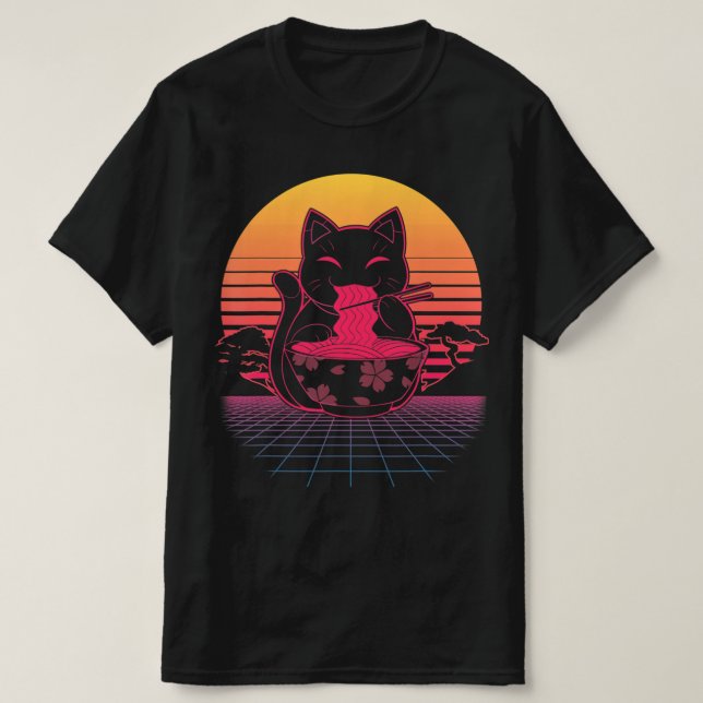 Camiseta Kawaii Ramen Neko Retro Cat Anime Noodle Japonês (Frente do Design)