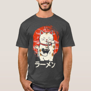 Camiseta Kawaii Ramen Neko Retro Cat Anime Noodle Japonês