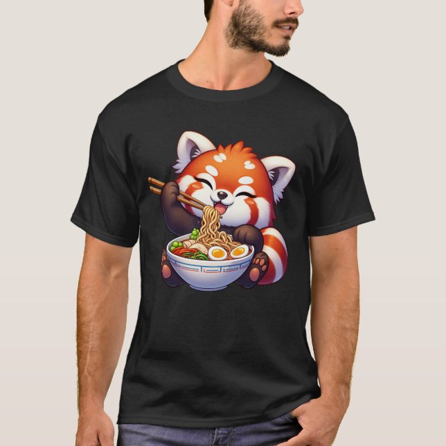 Camiseta Kawaii Red Panda Comendo Ramen Noodle Anime (Frente)