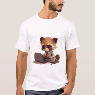 Camiseta Kawaii Red Panda Trabalhando no Laptop com Café Sp
