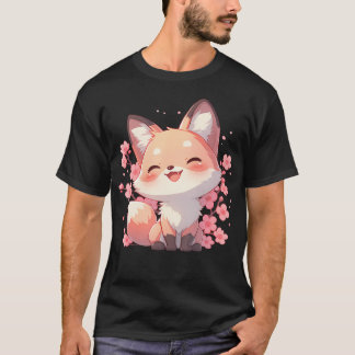 Camiseta Kawaii Sakura Kitsune Raposa Fofa Flor de Cerejeir