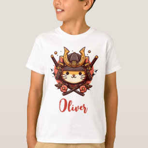 Camiseta Kawaii Samurai, Gato Cute de Meninos, Personalizad