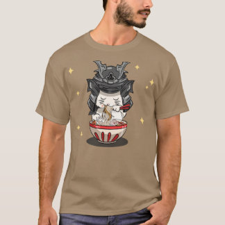 Camiseta Kawaii Samurai Neko Cat Kitten Ramen Nood