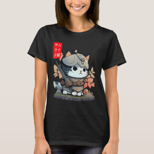 Camiseta Kawaii Samurai Warrior Kawaii Gato Japonês E