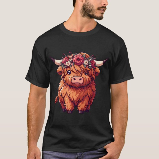 Camiseta Kawaii Scottish Highland Cow Com Flor Crown (Frente)
