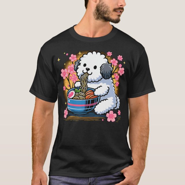Camiseta Kawaii Sheepadoodle dog Eating Ramen (Frente)