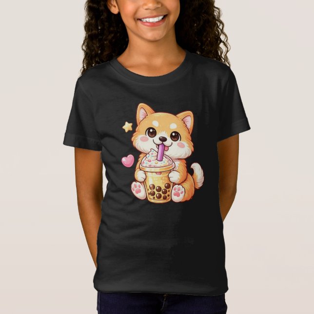 Camiseta Kawaii Shiba Inu Drinking Bubble Tea Unisex (Frente)
