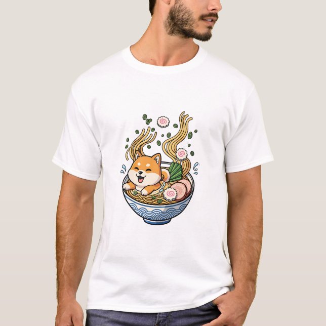 Camiseta Kawaii Shiba Inu Puppy Bathing in Japanese Ramen N (Frente)