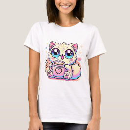 Camiseta Kawaii Sparkly Cat com café Mug Cute tee