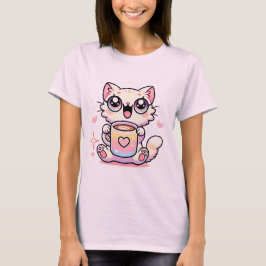 Camiseta Kawaii Sparkly Cat com Rainbow Coffee Cã Cute