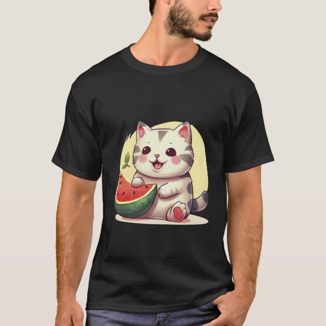 Camiseta Kawaii Spotted Cat with Watermelon Summer Art ✨🐾 (Frente)