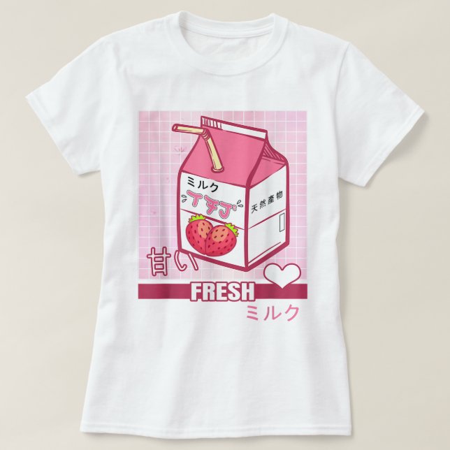 Camiseta Kawaii Strawberry Milk Carton Design (Frente do Design)