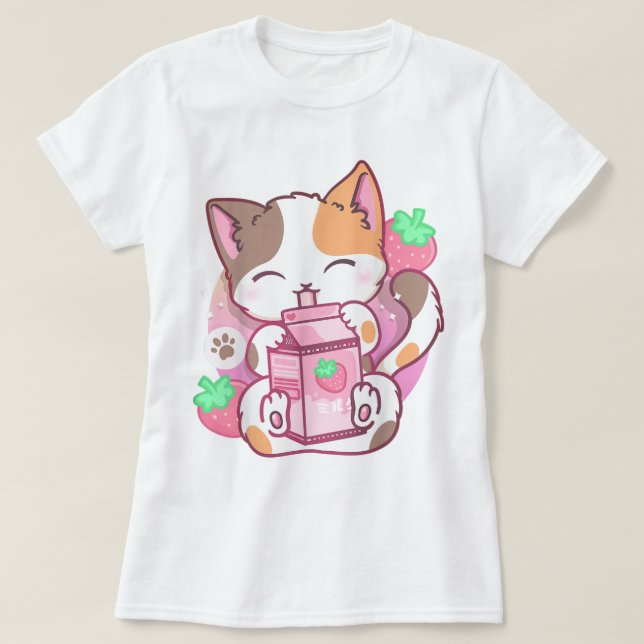 Camiseta Kawaii Strawberry Milk Cat Design (Frente do Design)
