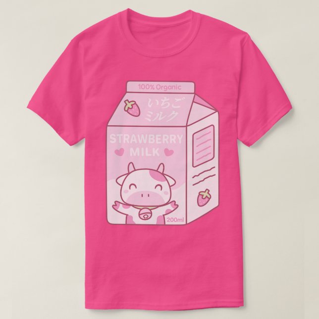 Camiseta Kawaii Strawberry milk ton com mascote de vaca (Frente do Design)