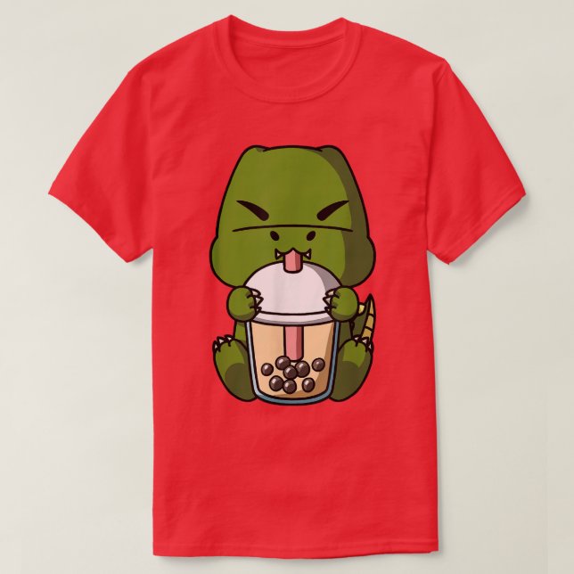 Camiseta Kawaii T-Rex Dinossaur Boba Milk Tea Bubble Tea An (Frente do Design)