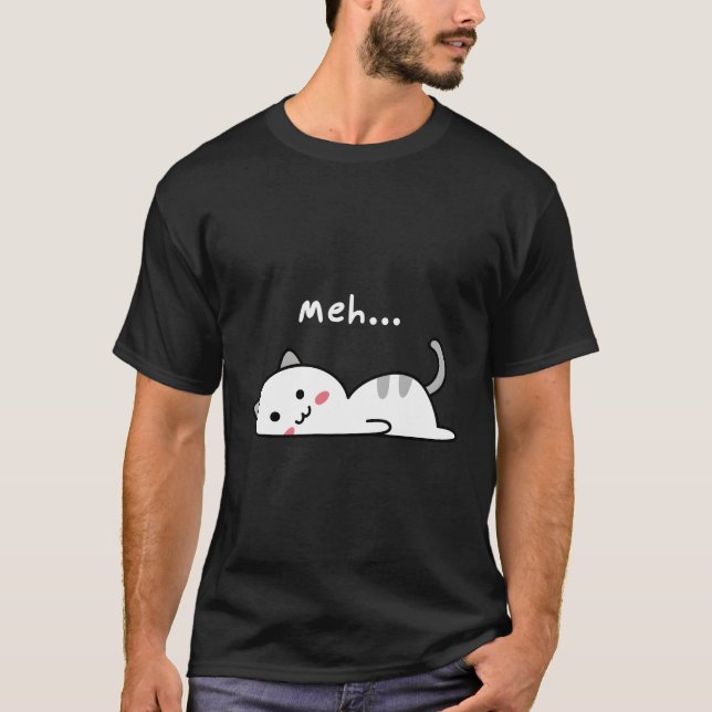 Camiseta Kawaii T-Shirt Engraçado Gato Preguiçoso Meh Gatos (Frente)