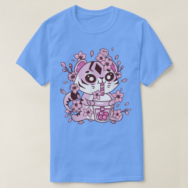 Camiseta Kawaii Tiger com Bubble Tea e Boba tea e Saku (Frente do Design)