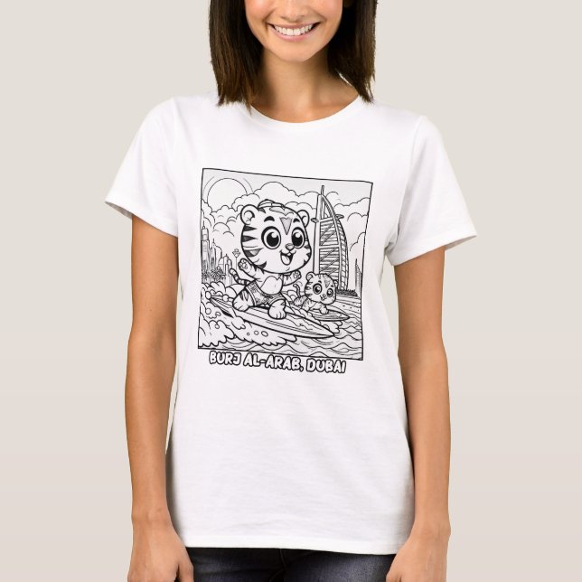Camiseta Kawaii Tiger Surfista no Burj Al Arab Cartoon (Frente)