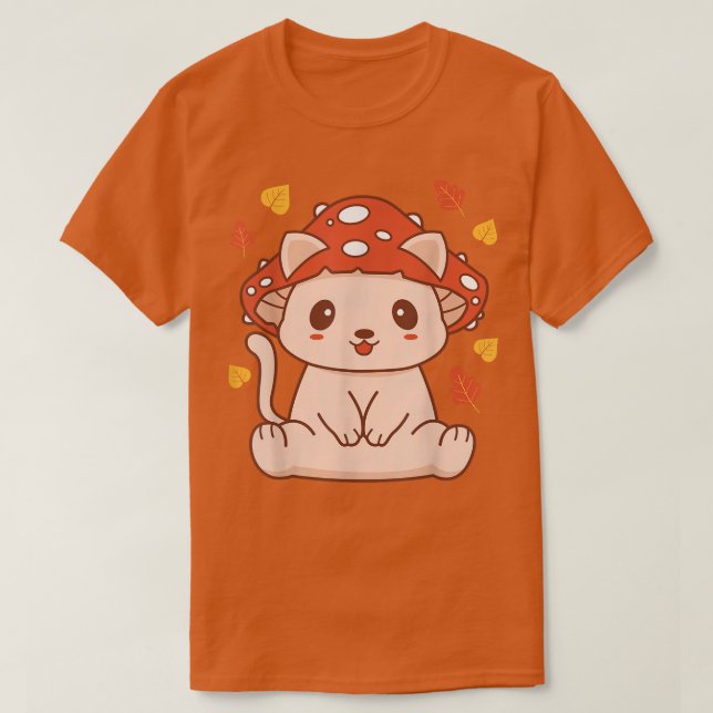 Camiseta Kawaii Toadstool Gato - Kit de Cogumelo Estético (Frente do Design)