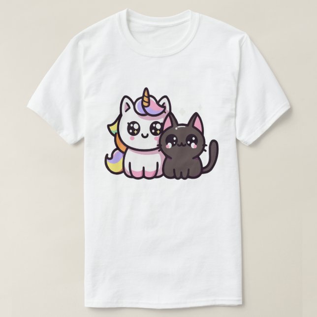 Camiseta Kawaii Unicorn e Black Cat Fantasy Trabalho de art (Frente do Design)