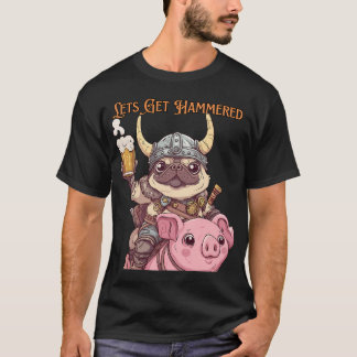 Camiseta Kawaii Viking Pug Montado em Porco com Cerveja Ado