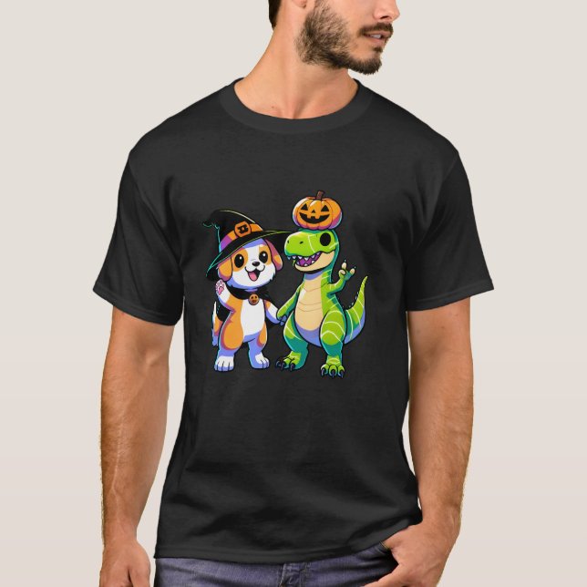 Camiseta Kawaii Witchy Dog Pumpkin Dinossaur Kids Love T Re (Frente)