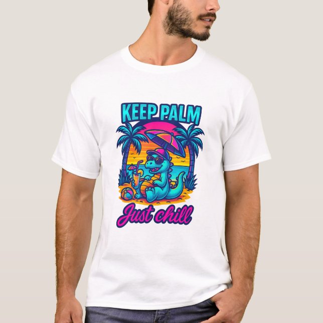 Camiseta Keep Palm Just Chill – Neon Beach Dinosaur (Frente)