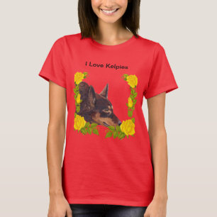 Camiseta Kelpie australiano vermelho em rosas amarelos