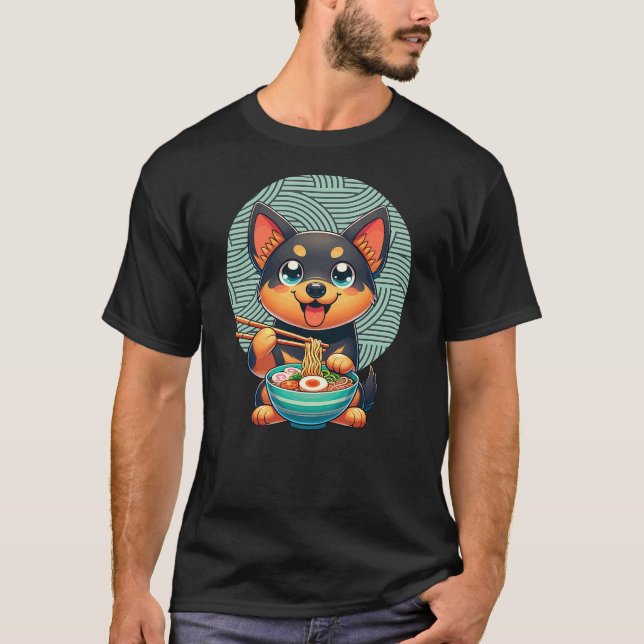 Camiseta Kelpie Dog Eating Ramen, Australian Kelpie (Frente)