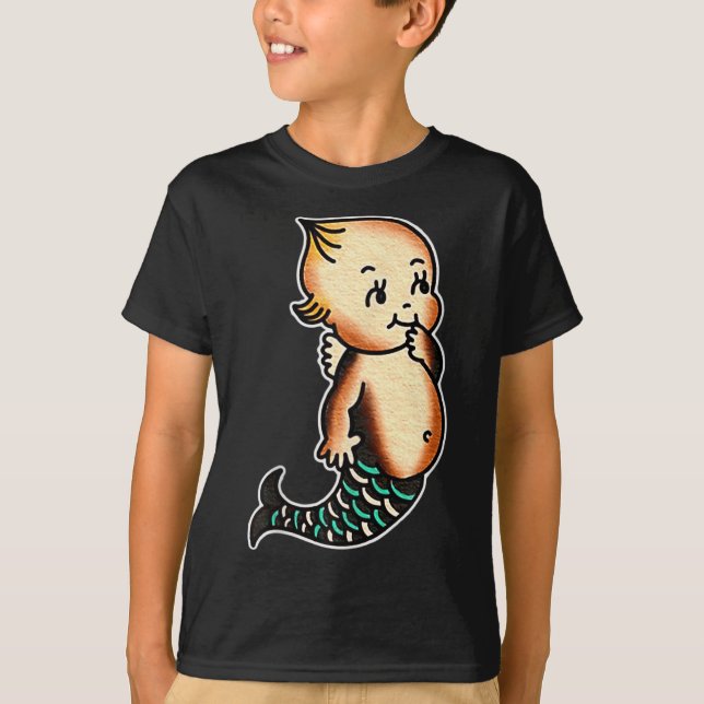 Camiseta Kewpie Baby Mermaid Tradicional Tattoo Flash (Frente)