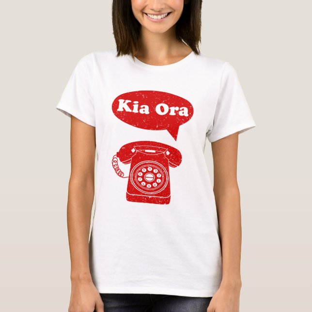 Camiseta Kia Ora Te Reo Maori Língua Retro Telefone (Frente)