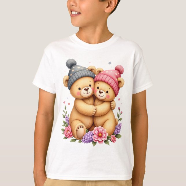 Camiseta Kid T-Shirt With Two Teddy Bears With Caps (Frente)