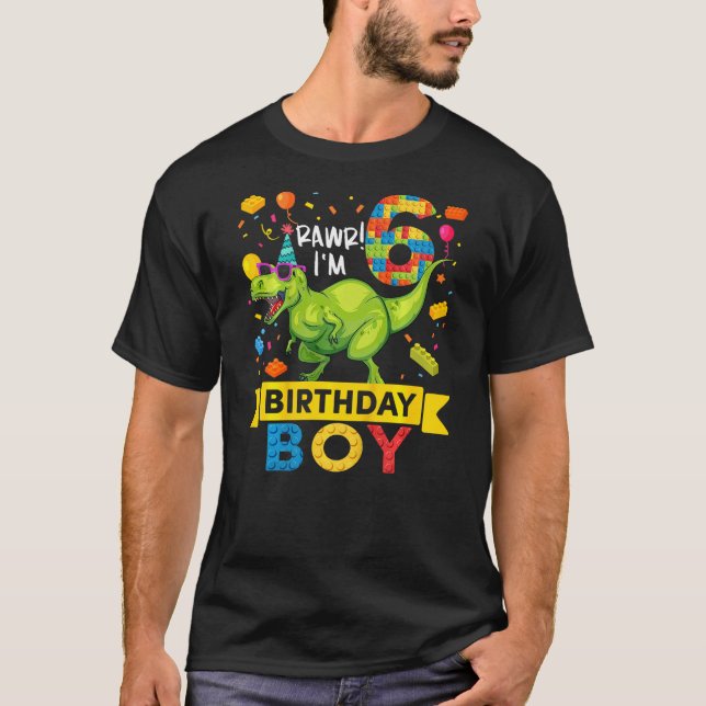 Camiseta Kids 6 Year Old Dinosaur Building Blocks 6th Birth (Frente)
